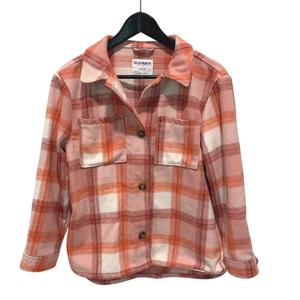 Old Navy Kids XL 14-16 Pink Orange Plaid Flannel Shirt Jacket Shacket